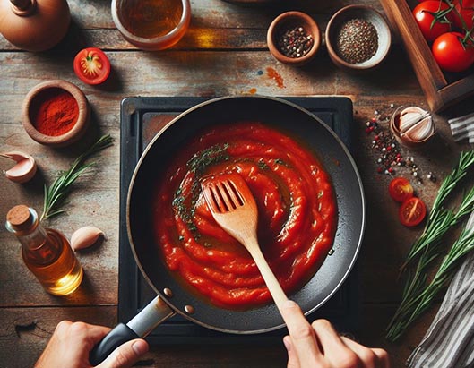 Una persona friendo en una sartén salsa de tomate